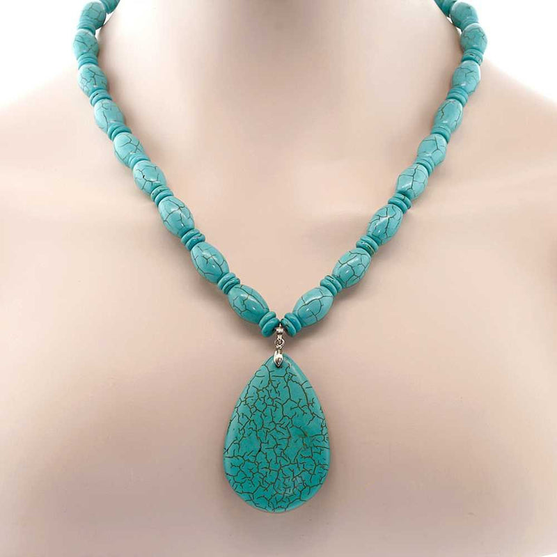 [Australia] - Gem Stone King 22 Inch Blue Simulated Turquoise Howlite Necklace with Drop Shape Pendant and Earring Set 