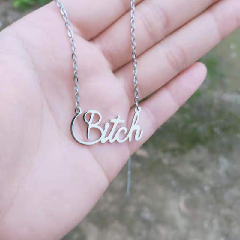 [Australia] - Yanluu Stainless Steel 18K Gold Plated Bitch Words Necklace 18inch silver 