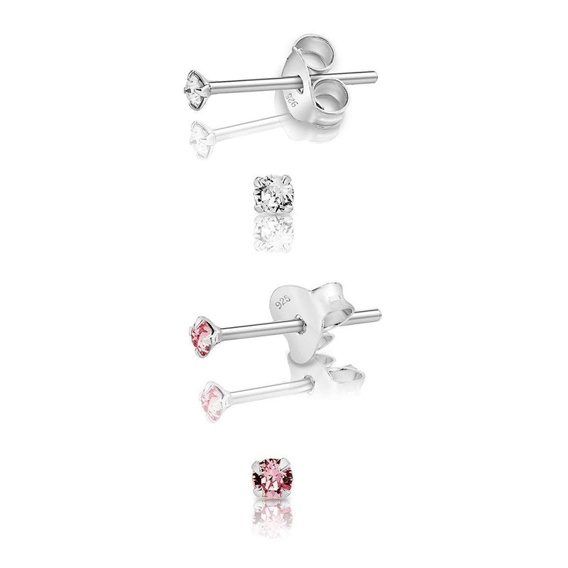 [Australia] - DTPSilver - Set of 2 PAIRS of 925 Sterling Silver * TINY * Round Stud Earrings and Crystals from Swarovski® Elements - Diameter: 2 mm - 1 Pair Clear Crystal & 1 of your Choice - Many Colours to choose from Clear Crystal & Light Rrose 