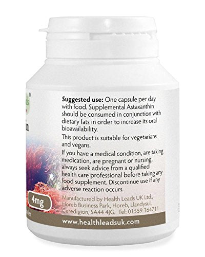 [Australia] - Astaxanthin 4mg x 90 Capsules (100% Pure & Additive Free Food Supplement, High Strength, Powerful Antioxidant, from Natural Haematococcus Pluvialis Red Algae, UK Manufactured 