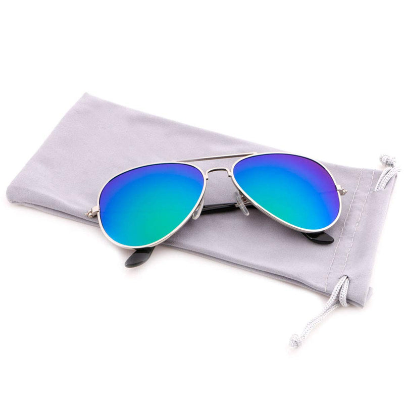 [Australia] - Creamily Kids Aviator Sunglasses UV Protection Glasses Mirrored Lens Eyewear Age 2-9 Boys Girls Outdoor Daily Wear Eyeglasses Silver Frame Green Mix Blue Lens 