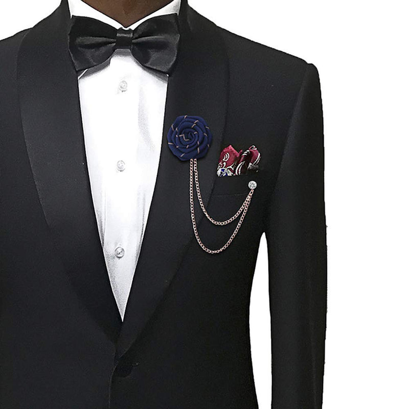 [Australia] - YOOE Men Ribbon Cloth Rose Flower Brooch.Chain Fringed Suit Corsage Breastpin,Red Blue Flowers Boutonniere Pins Wedding Brooch 