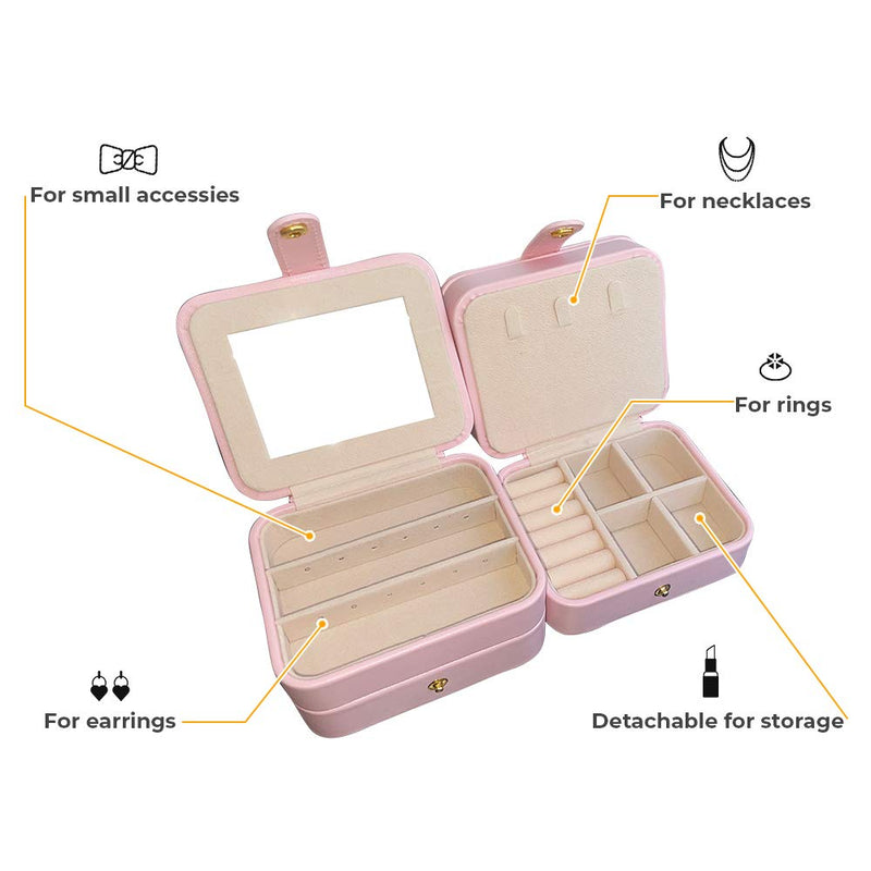 [Australia] - Dectenth Travel Jewelry Organizer Box for Women and Girls, Small Travel Jewelry Case with Mirror, PU Leather Portable Jewelry Storage Box for Ring, Earring, Necklace, Bracelet with Lock(Pink) Pink 