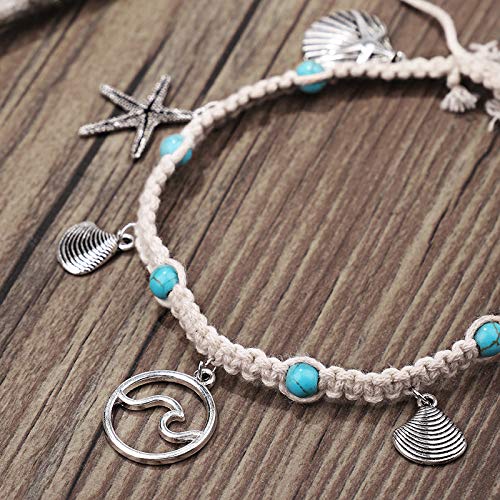[Australia] - ZHEPIN Blue Starfish Turtle Anklet Multilayer Charm Beads Sea Handmade Boho Anklet Foot Jewelry for Women Girl D:Wave 2 