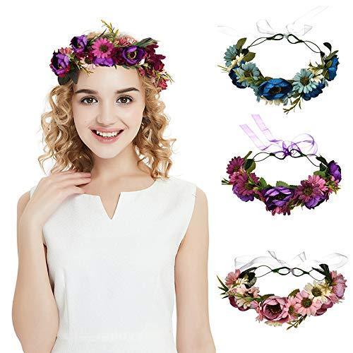[Australia] - Floral Crown Headband Bride Flower Wreath Crown Flower Garland Headband Hair Wreath Hair Garland Boho Floral Headpiece with Ribbon Rose Flower Bohemian Hair Accessories for Wedding Party Festival Purple 