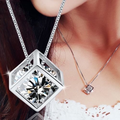 [Australia] - White Zirconia Crystals Cube Set Pendant Necklace 18" Dangle Earrings 18 ct White Gold Plated 