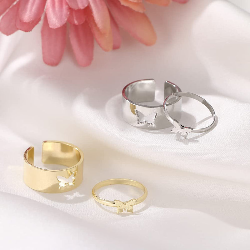[Australia] - 2Pcs Butterfly Rings for Women，Butterfly Heart Pinky Promise Couple Matching Friendship Cute TikTok Trendy Dainty Rings Set for Teen Girls Gold Plated Funky Split Simple Gifts Jewelry Golden 