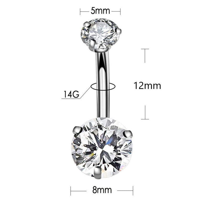 [Australia] - YHMM 14G Surgical Steel Belly Button Rings Round Cubic Zirconia Navel Barbell Stud Body Piercing 1 PC Internal Thread/12mm 