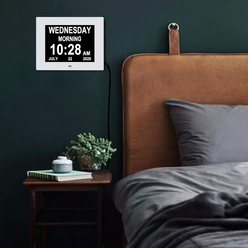 [Australia] - 7 Inch Extra Large Non-Abbreviated Day Date & Month Digital Day Calendar Clock with Auto-Dimming 8 Alarm Reminders Dementia Clocks for Senior Elderly impaired Vision 7005 white 