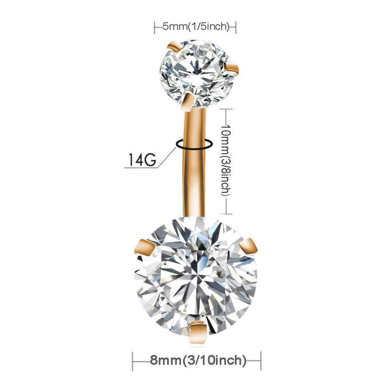 [Australia] - Gnoliew Belly Button Rings Round Cubic Zirconia Navel Barbell Stud Body Piercing A,Rose Gold+Clear 