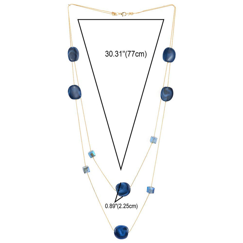[Australia] - COOLSTEELANDBEYOND Elegant Gold Statement Necklace Two-Strand Long Chain with Blue Cube Crystal Beads and Circle Charms 