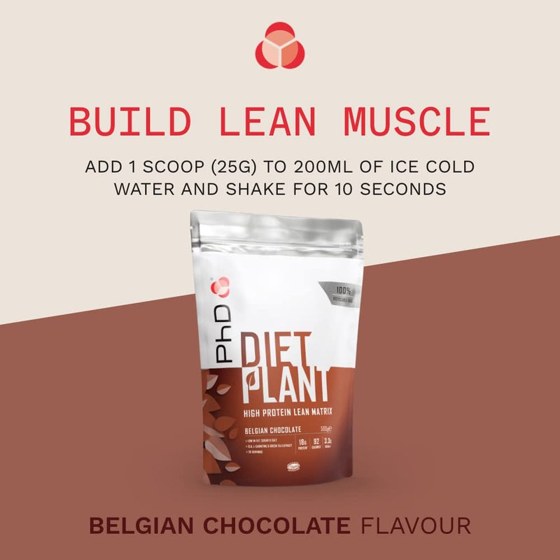 [Australia] - PhD Diet Plant, low sugar Vegan Protein Powder - Belgian Chocolate Flavour - 500g, 20 Servings - 100% recyclable packaging- vegan society approved with added probiotics 
