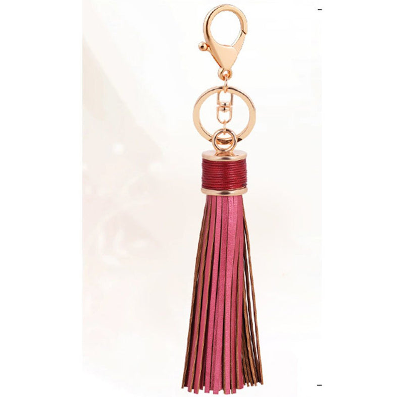 [Australia] - ZOONAI Women Leather Tassels Keychain Car Circle Key Rings Gift Bag Hanging Buckle Black 