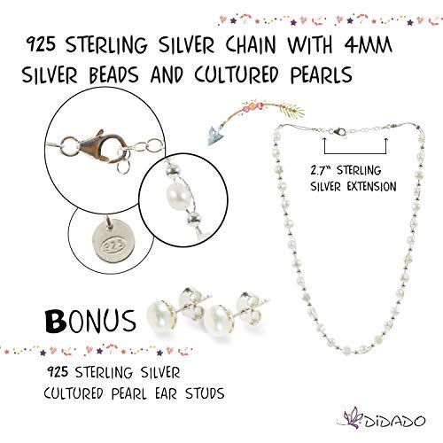 [Australia] - Entwined Cultured Pearl and Sterling Silver Beads 17.7" Chain Necklace or 7.3" Bracelet with Bonus Sterling Pearl Studs White Pearls Necklace 