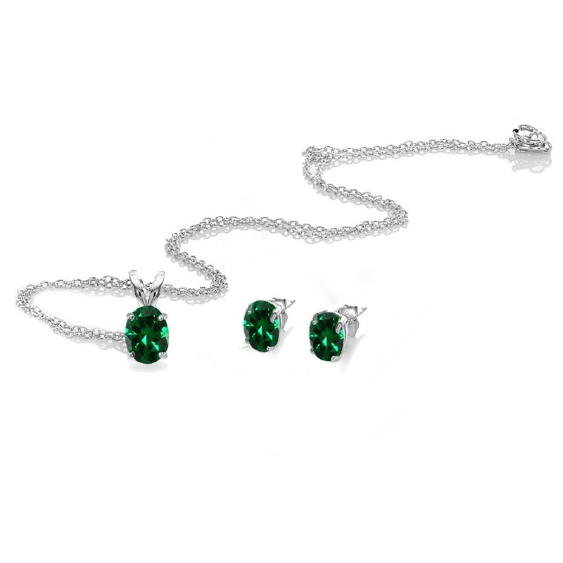 [Australia] - Sterling Silver Genuine, Created or Simulated Gemstone Oval Solitaire Necklace & Stud Earrings Set Simulated Emerald - Sterling Silver 