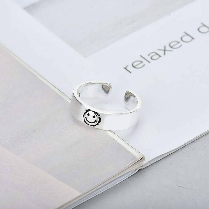 [Australia] - 2 Pcs Statement Smiley Face Ring Cute Smiling Face Band Ring Open Stainless Steel Rings Smiley Wide Face Ring Jewelry for Women Men Girls Boys 