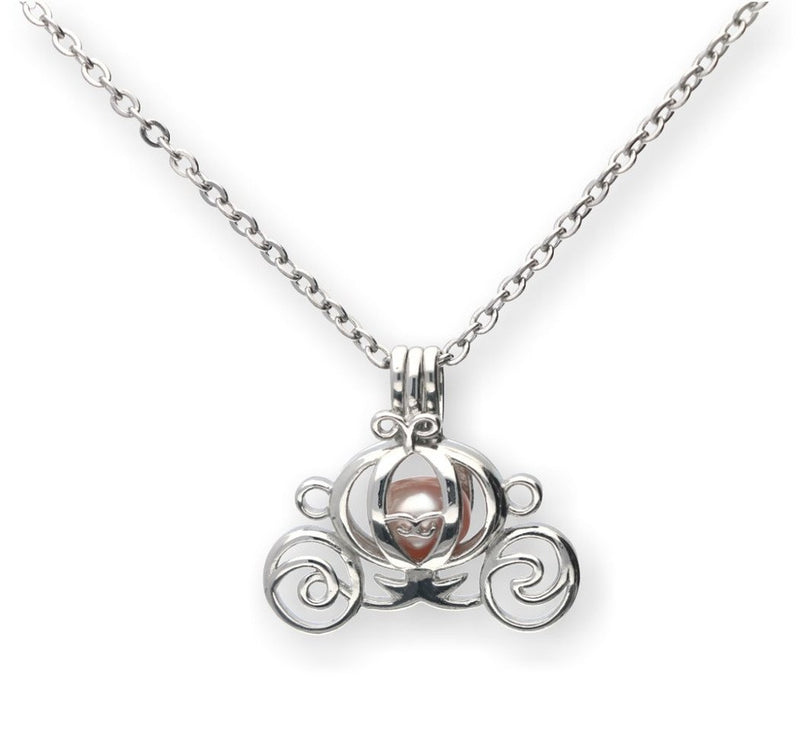 [Australia] - Pearlina Princess carriage Cultured Pearl Oyster Necklace Set Silver-tone Cage w/Stainless Steel Chain,18 