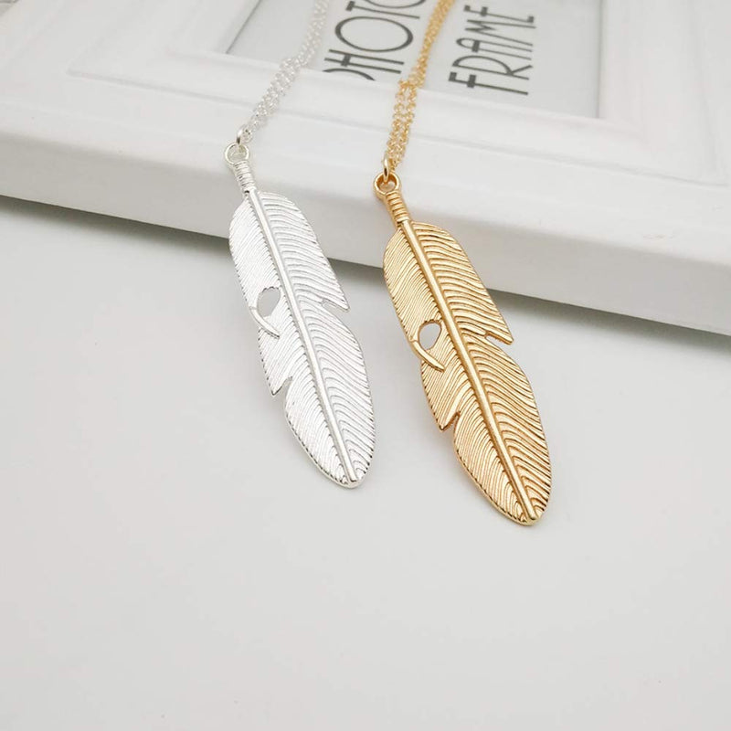 [Australia] - CSIYANJRY99 Long Feather Necklaces for Women Teen Girls Boho Gold Silver Leaf Pendant Sweater Chain Necklace 