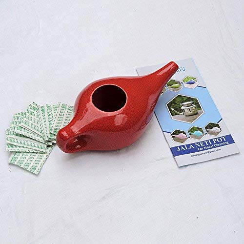 [Australia] - Ceramic Neti Pot for Nasal Cleansing Crackle Pattern | Ceramic Neti Pot with 10 Sachets of Neti Salt | Natural Treatment for Sinus, Infection and Congestion (Red) 