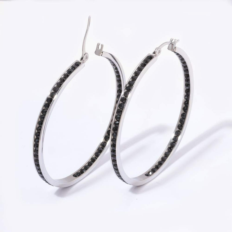 [Australia] - CiNily Mult-colors Crystal Stainless Steel Hoop Earring for Women Hypoallergenic Jewelry for Sensitive Ears Large Big Hoop Earrings 2" Black 