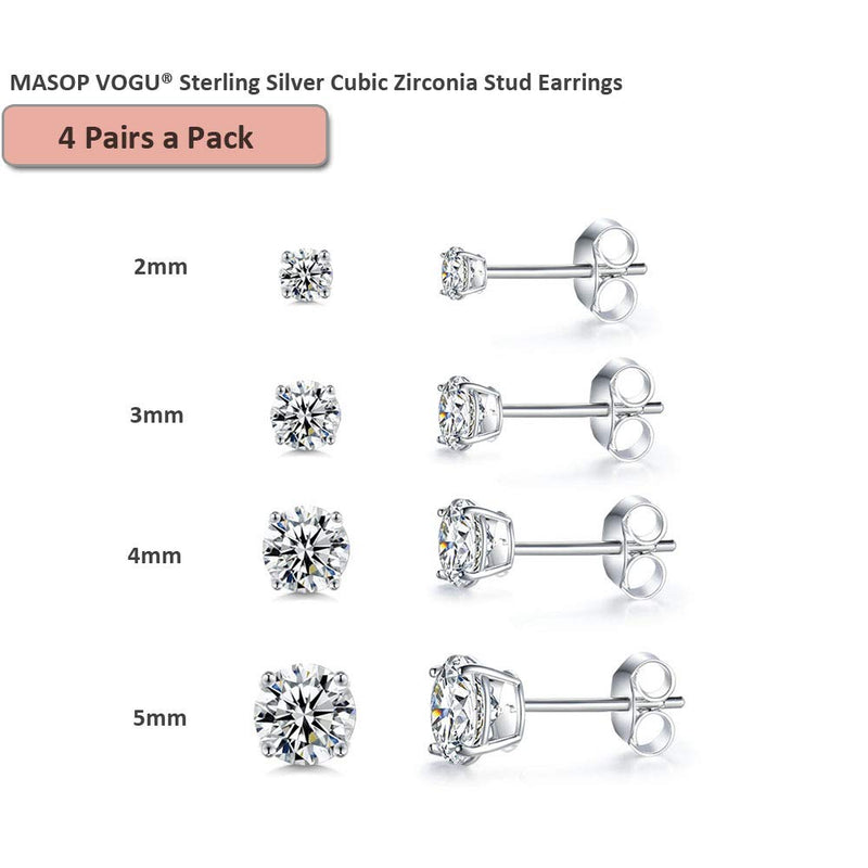 [Australia] - Sterling Silver Stud Earrings for Women Girls Men, 4 Pairs Hypoallergenic Cubic Zirconia CZ Studs Small Round Simulated Diamond Earrings Cartilage Tragus Helix Earrings Set(2mm 3mm 4mm 5mm) 2/3/4/5mm 