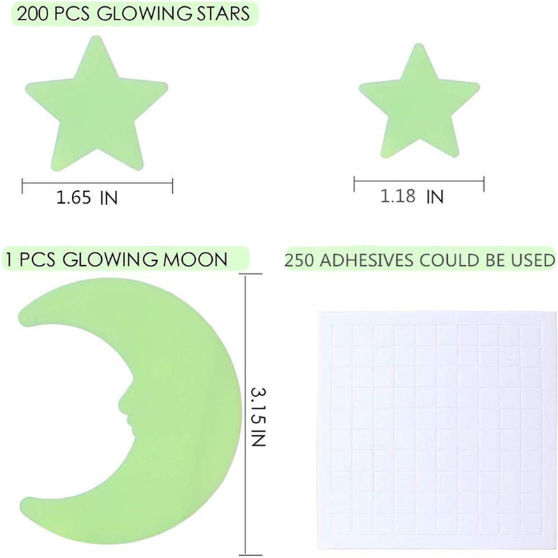 [Australia] - Glow in The Dark Stars - Glow Stars Stickers for Ceiling,Self Adhesive 3D Glowing Stars and Moon for Starry Sky,Wall Decals for Kids Rooms,Wall Stickers for Bedroom(200 Stars,1 Moon） Green 
