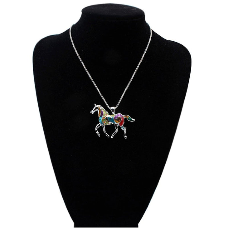 [Australia] - Charms Enamel Rainbow Horse Pendant Necklace with Earrings Jewelry Sets Silver,White 