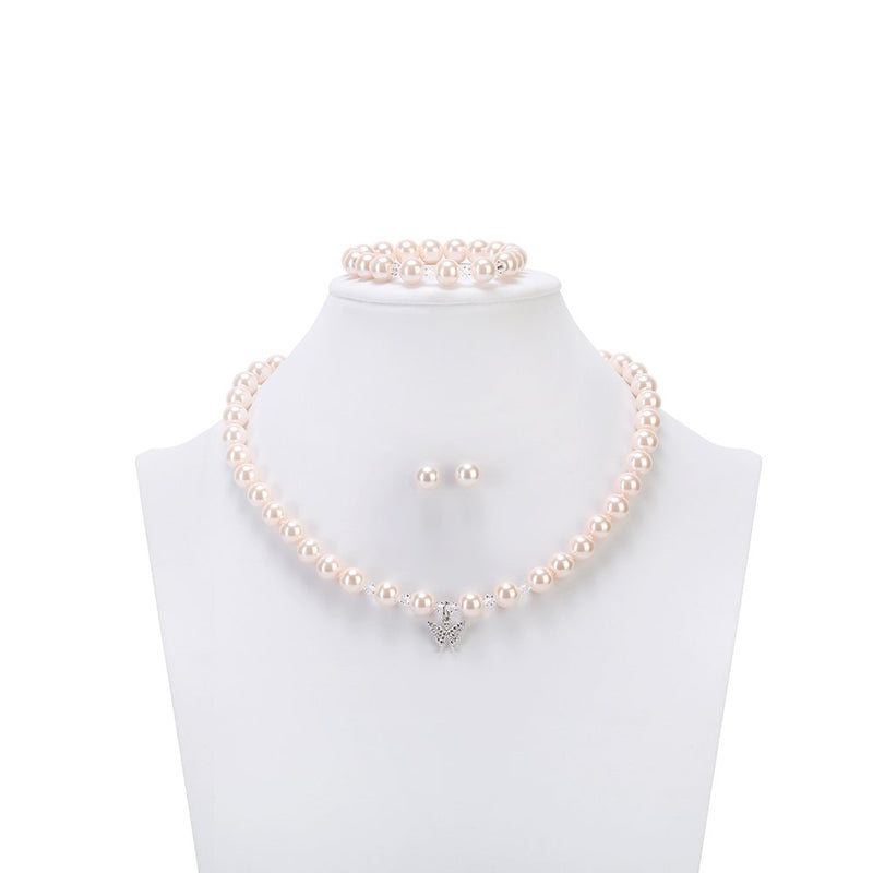 [Australia] - LEILE 8mm Faux Crystal Glass Imitation Pearls Necklace Bracelet Earring Butterfly Pendant Jewelry 3 Set Pink,14.5inch 