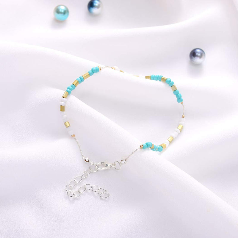 [Australia] - Aukmla Boho Turquoise Anklets Chain Silver Beach Bead Foot Bracelets Jewelry for Women and Girls 