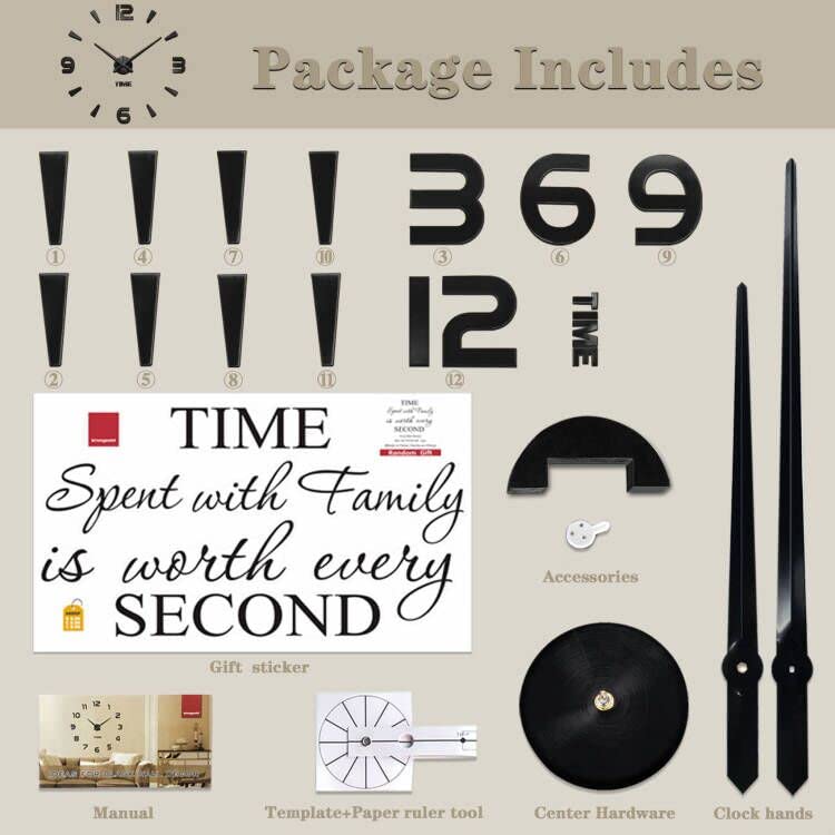 [Australia] - VANGOLD Large 3D Wall Clock DIY Wall Decoration Clock with Mirror Surface Sticker for Office Home Living Room Decor Black-73 