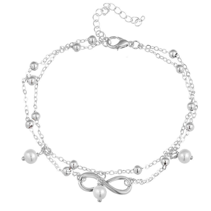 [Australia] - Shegirl Boho Infinite Anklet Bracelets Pearl Layered Anklet Chain Silver Beach Foot Jewelry for Women and Girls (Silver) 