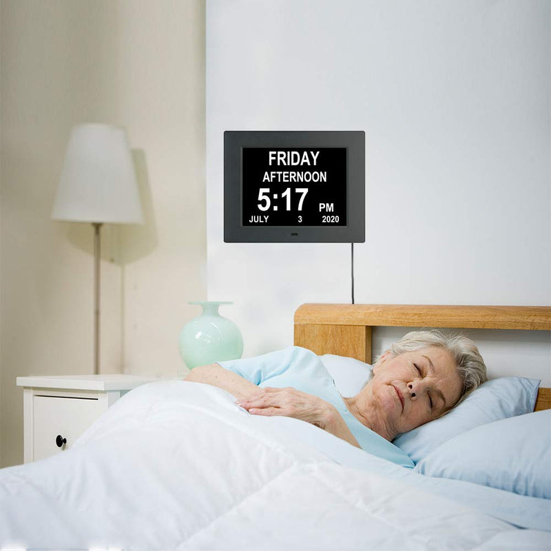 [Australia] - LaMi 7 inch Digital Day Calendar Clock with 8 Alarm ,Auto-Brightness,Extra Large Non-Abbreviated Date Day Time Dementia Clock for Elderly, Seniors,Vision Impaired 7 Inch Black 