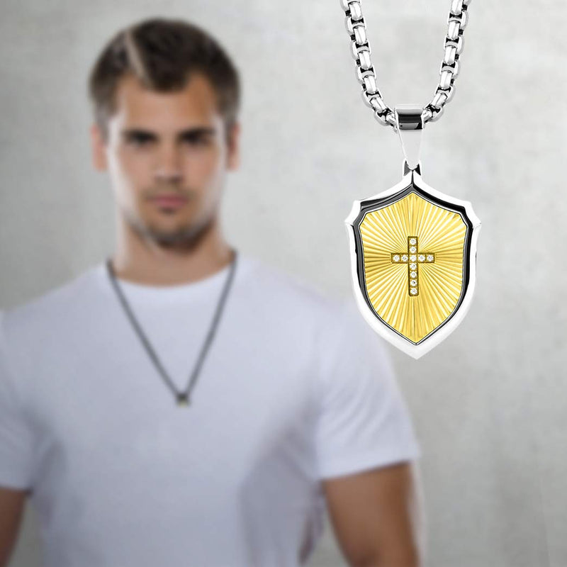 [Australia] - BUVE Cross Armor Shield 14K Gold Zircon Match Pendant Necklace With A Polished Silver CZ Cross Inlay Comes With A Stainless Steel 26 IN Rolo chain 