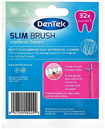 [Australia] - DenTek - Slim Brush Interdental Cleaners - Tapered Bristles - Unflavoured - 32 Per Pack - Iso 1 (0.45Mm) 