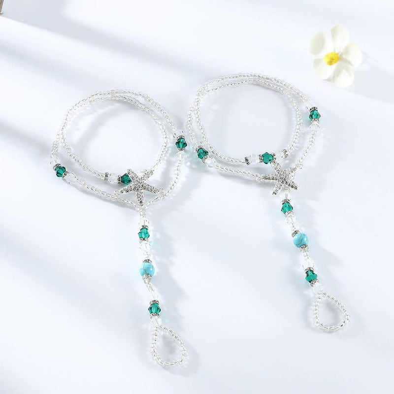 [Australia] - Aularso Layered Anklet Rhinestones Barefoot Sandals Starfish Ankle Bracelets Turquoise Ring Foot Chain Beach Feet Jewelry for Women and Girls( 2PCS) 