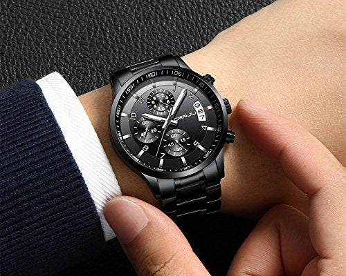 [Australia] - CRRJU Men's Fashion Stainless Steel Watches Date Waterproof Chronograph Wristwatches,Stainsteel Steel Band Waterproof Watch Black Black 