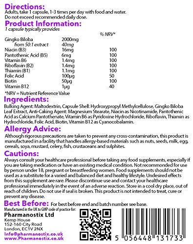 [Australia] - Ginkgo Biloba B Plus Supplement 6000mg Daily Serving - 90 Capsules - Supports Cognitive Function- Vegan Friendly Capsules with Added Vitamin B Complex - UK Manufactured 