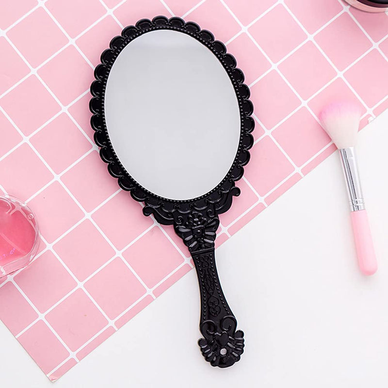 [Australia] - AKOAK 1 Pack Creative Retro Pattern Handle Makeup Mirror Portable Carry-on Lace Mirror Hand-held Mirror Makeup Tool (Black) Black 