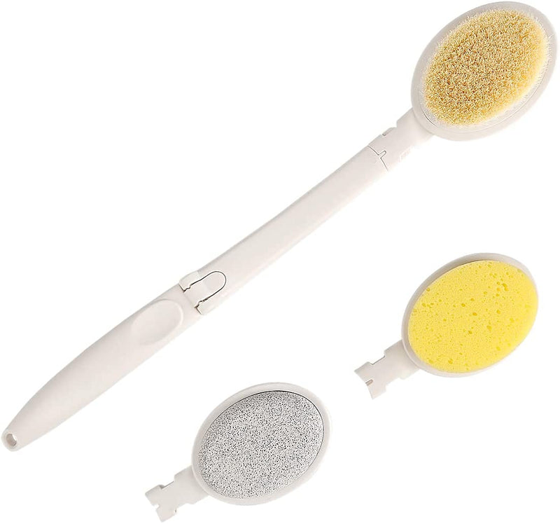 [Australia] - LFJ Bath Brush, 3 in 1 Foldable Long Handle Body Back Scrubber with Brush Sponge Pumice Head for Shower, Exfoliating or Dry Skin Brushing Nylon Bristle 