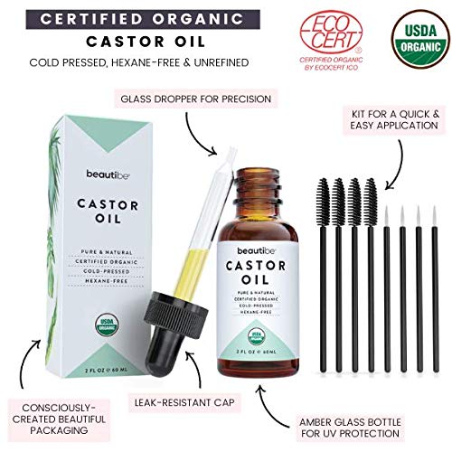 [Australia] - Castor Oil for Eyelashes and Eyebrows - USDA Certified Organic Castor Oil for Hair Growth - Cold-Pressed & Unrefined - Hair Growth Oil & Eyelash Growth Serum (Includes Applicators) | BeautiBe 