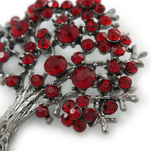 [Australia] - Burgundy Red Crystal 'Tree Of Life' Brooch In Gun Metal Finish - 52mm Length 