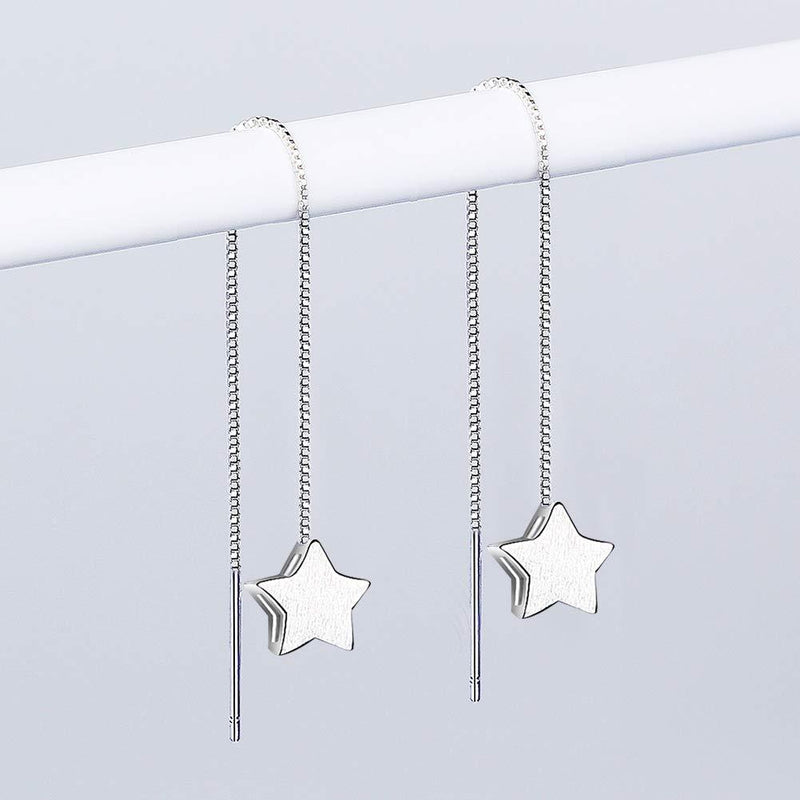 [Australia] - Yaneno Women Sweet Mini 925 Sterling Silver Star Dangle Needle Drop Threader Pull Through Earrings White 