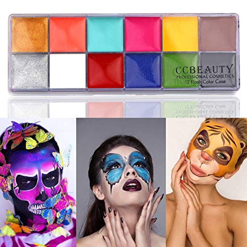 [Australia] - CCBeauty Professional Face Body Paint Oil 12 Colors Halloween Art Party Fancy Make Up Set with 10 Blue Brushes,Deep 01-12 Colours With Blue Brushes 