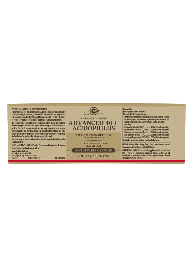 [Australia] - Solgar Advanced 40+ Acidophilus, 120 Vegetable Capsules - Supports Healthy Intestinal Flora - 1.5 Billion Microorganisms Per Serving - Gluten, Dairy, Lactose & Milk Free - Vegetarian - 120 Servings 120 Count (Pack of 1) Frustration-free Packaging 