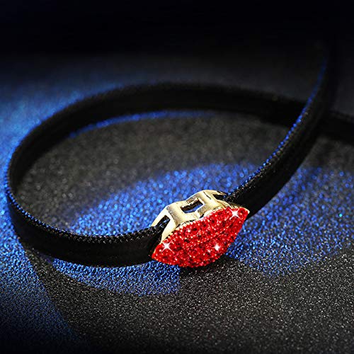 [Australia] - Red Crystal Lips Shape Choker Punk Black Pu Chain Necklace Charm Lips Element Jewelry 