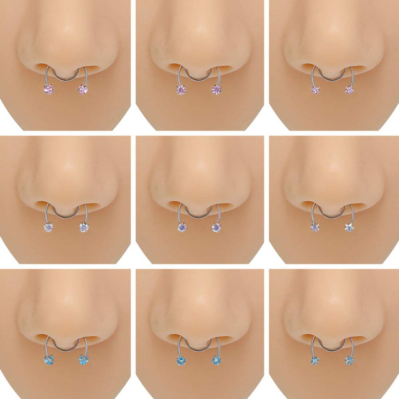 [Australia] - PunkTracker Fake Nose Ring Adjustable Fake Septum Jewelry, Faux Septum Nose Rings Helix Lip Rings for Women Men A:9pcs cz nose rings 