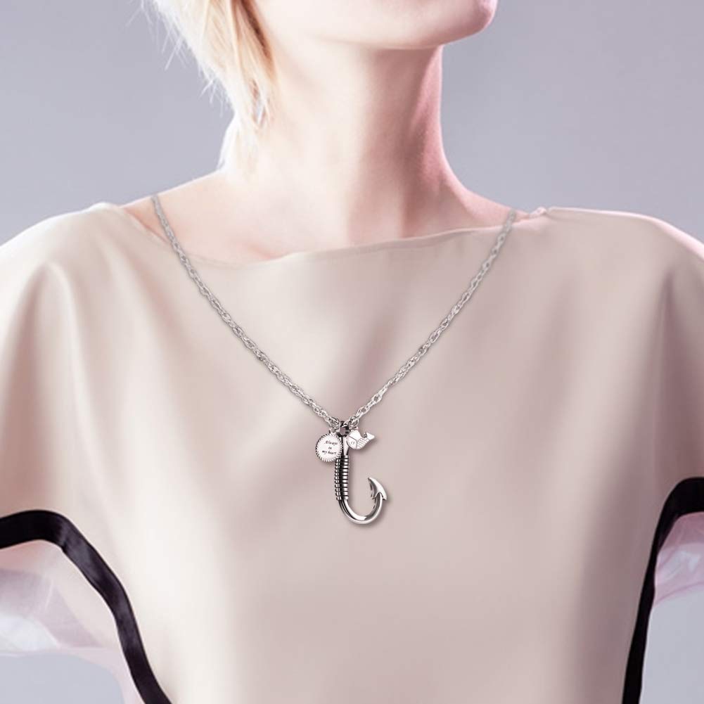 XIUDA Fish Hook Memorial Ash Urn Necklace Stainless Steel Cremation Jewelry  for mom & dad, Fish Pendant & Always in My Heart silver