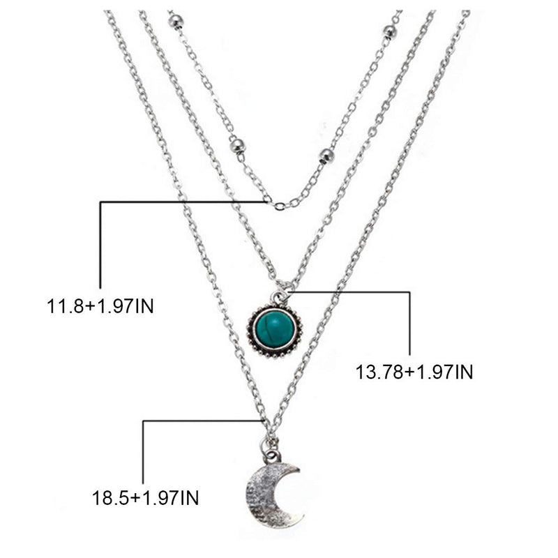 [Australia] - Adflyco Boho Layered Turquoise Necklace Silver Moon Pendant Necklaces Chain Jewelry Adjustable for Women and Girls 