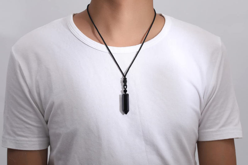 [Australia] - XIANNVXI Healing Crystal Necklace for Men Women Crystal Pendant Hexagonal Point Pendant Necklace Natural Gemstone Adjustable Rope Reiki Jewellery Necklace B - Black Obsidian 