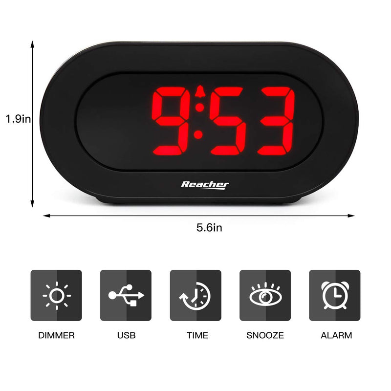 [Australia] - REACHER Small LED Digital Alarm Clock with Simple Operation, Full Range Brightness Dimmer, USB Phone Charger Port, Easy Snooze, Adjustable Alarm Volume, Outlet Powered for Bedrooms Bedside(Black) 